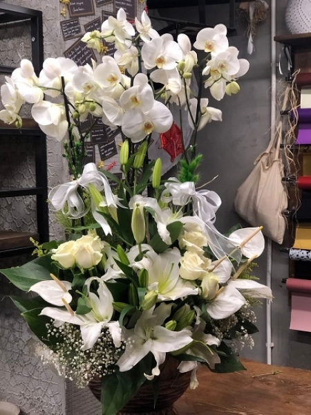 Dört Köklü Orkide-Lilyum & Beyaz güller